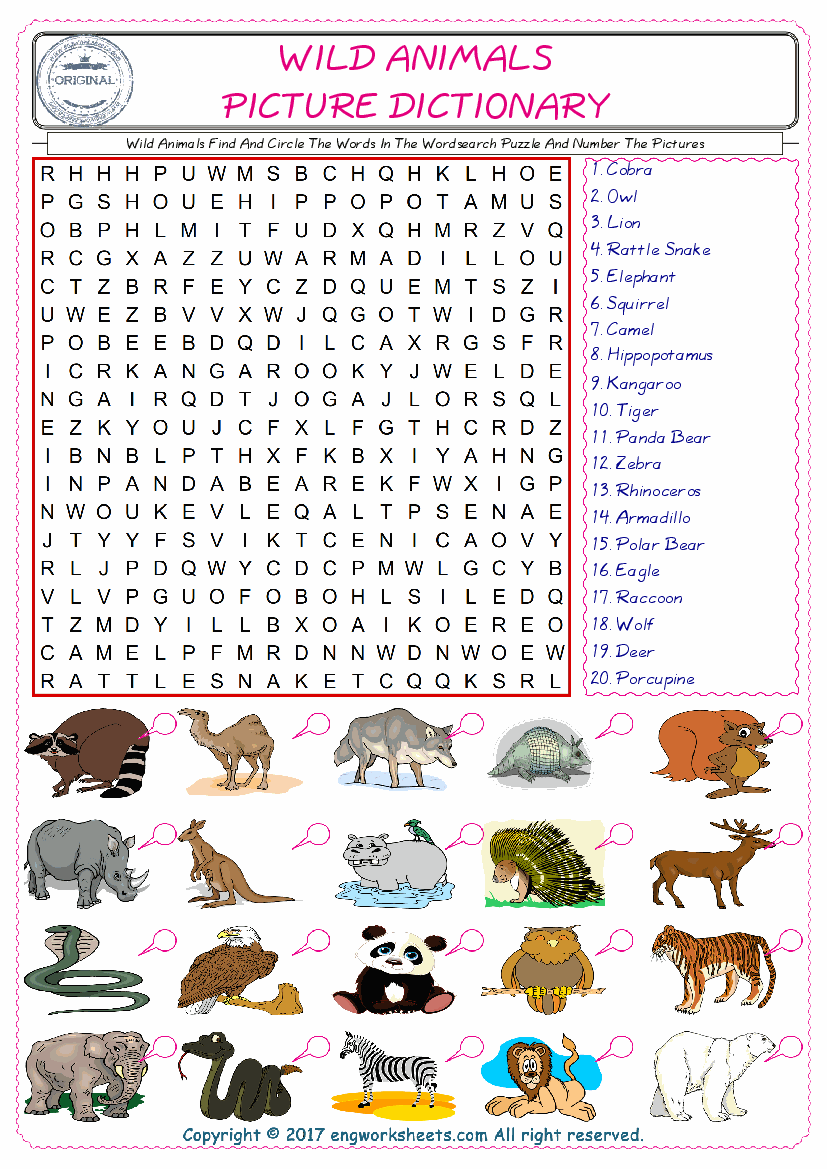  ESL wordsearch worksheets for kids, find Wild Animals words in the word wordsearch write its number on its picture English worksheet. 